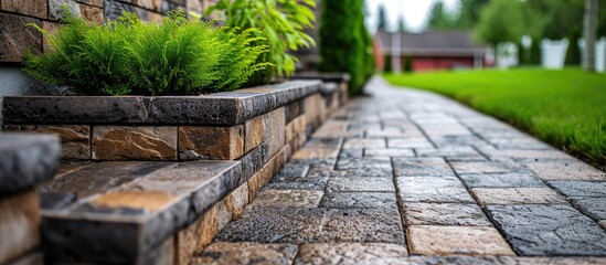 A brick walkway is featured in the foreground with a shallow focus on the front brick, emphasizing its purpose. In the background, lush green grass and bushes create a natural backdrop.