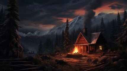 A cozy cabin nestled among tall pine trees, smoke curling from the chimney into the crisp mountain air