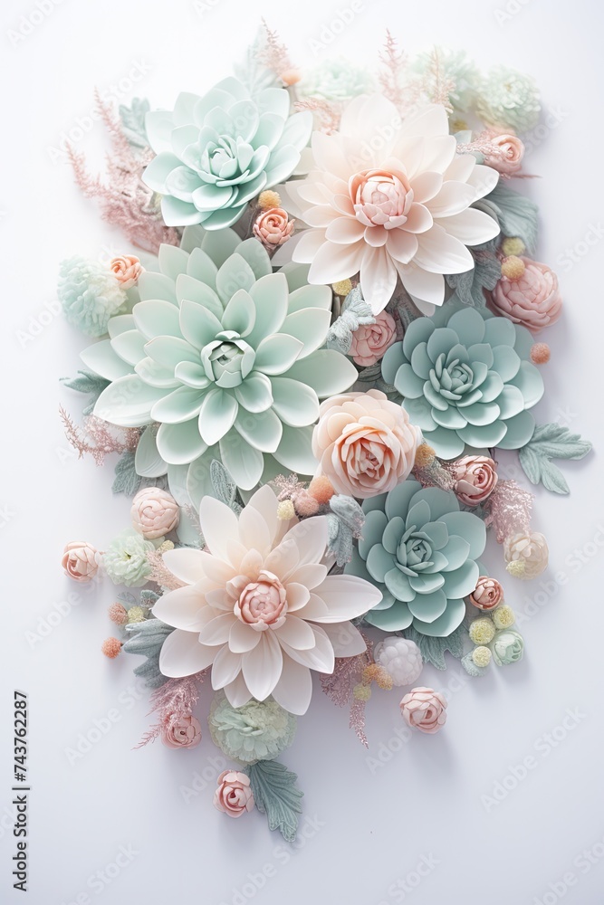 Poster a vibrant collection of various flowers beautifully arranged and displayed on a wall, adding a pop o