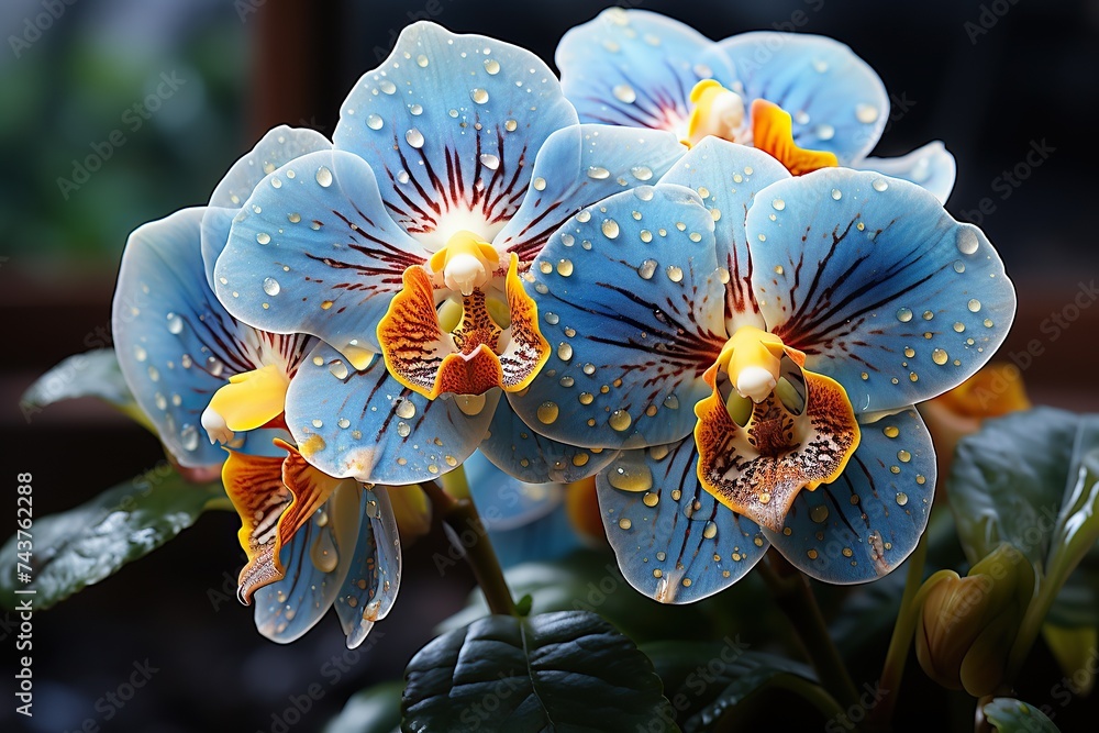 Wall mural A vibrant blue flower up close, its petals covered in sparkling water droplets, glistening in the sunlight