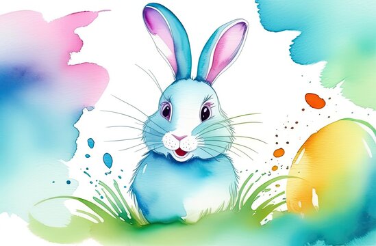 Watercolor illustration of ulticolored hand painted decorated Easter eggs with a little adorable rabbit. Easter celebration concept. Happy Easter background.