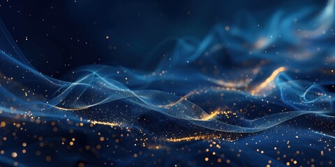 Ethereal Blue Waves with Glowing Particles, Gold Dusts - obrazy, fototapety, plakaty