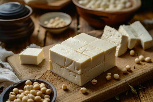 Tofu cortado en tabla de madera con soja alrededor