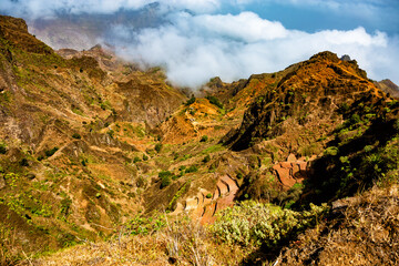 Lonely houses in the mountains of Island Santo Antao, Cape Verde, Cabo Verde, Africa.