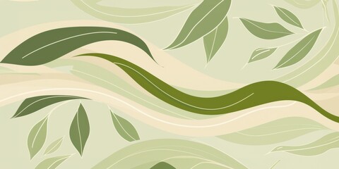 Stylized abstract foliage illustration with fluid green curves and leaf motifs on a soft beige background, evoking a serene natural environment. image