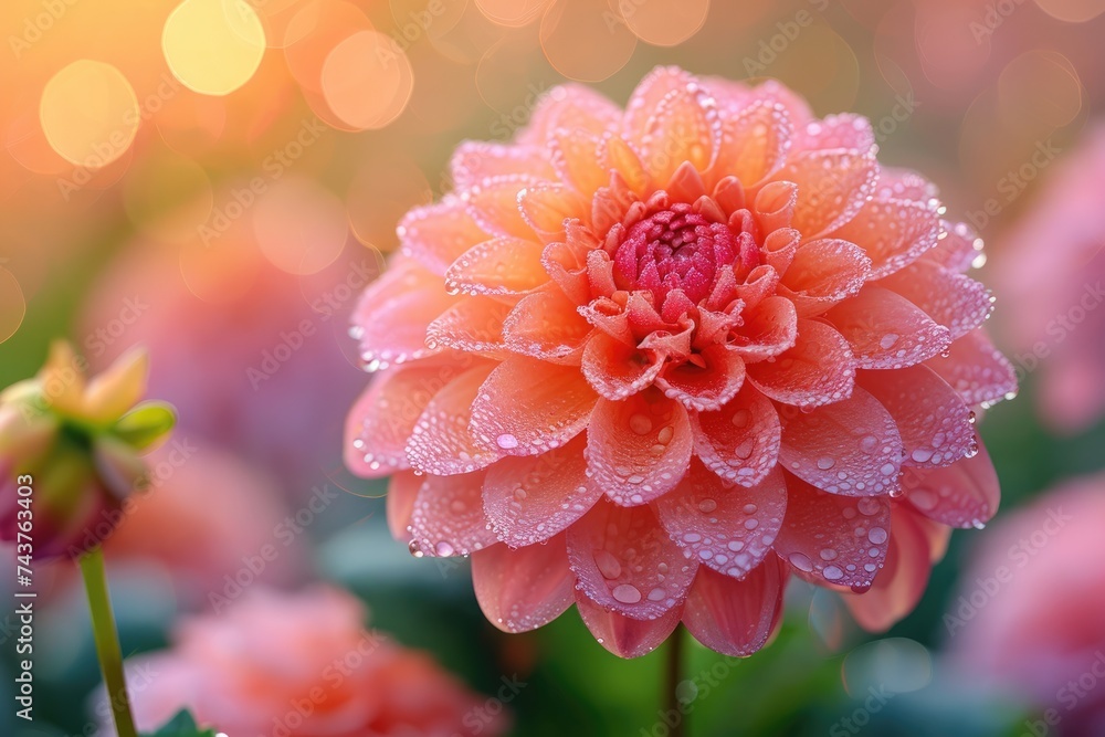 Wall mural A delicate pink dahlia flower adorned with shimmering drops of water glistens in the sunlight, presenting a captivating and enchanting sight