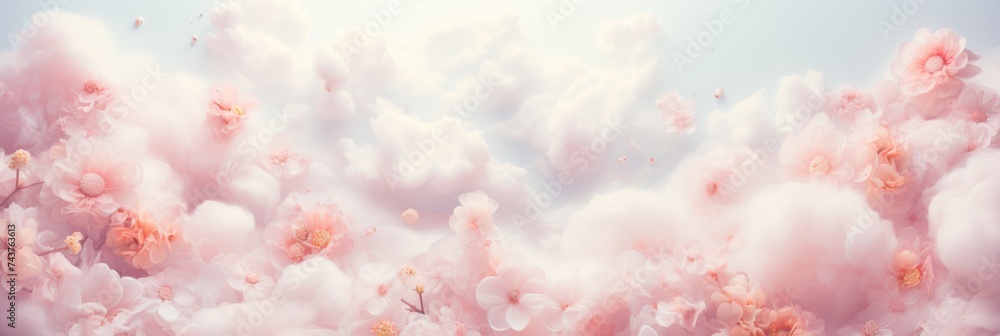 Poster A mesmerizing sight of a vast cloud of delicate pink flowers floating gracefully in the sky, creating a dreamy and enchanting atmosphere