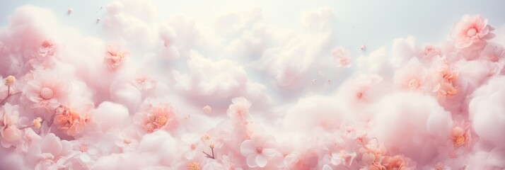 A mesmerizing sight of a vast cloud of delicate pink flowers floating gracefully in the sky, creating a dreamy and enchanting atmosphere - obrazy, fototapety, plakaty