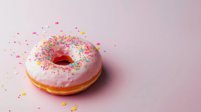 Sprinkled pink donut over pink background. Delicious frosted sprinkled donut isolated.