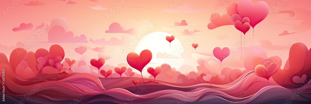 Poster Hearts of various sizes and colors are gracefully floating in the air, creating a whimsical and dreamy scene