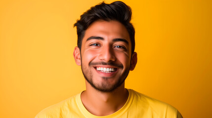Latin man portrait smiling to camera over yellowish background and empty space for text.