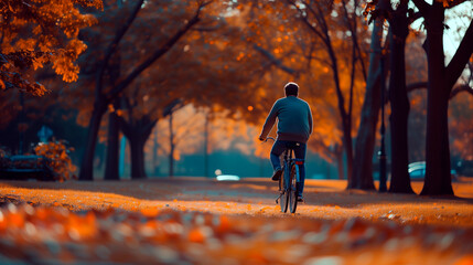 Man riding bicycle in the park with empty space for text.