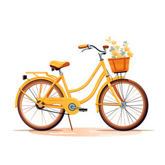 Vintage illustration style of yellow bicycle with basket isolated on white background. Vector illustration.