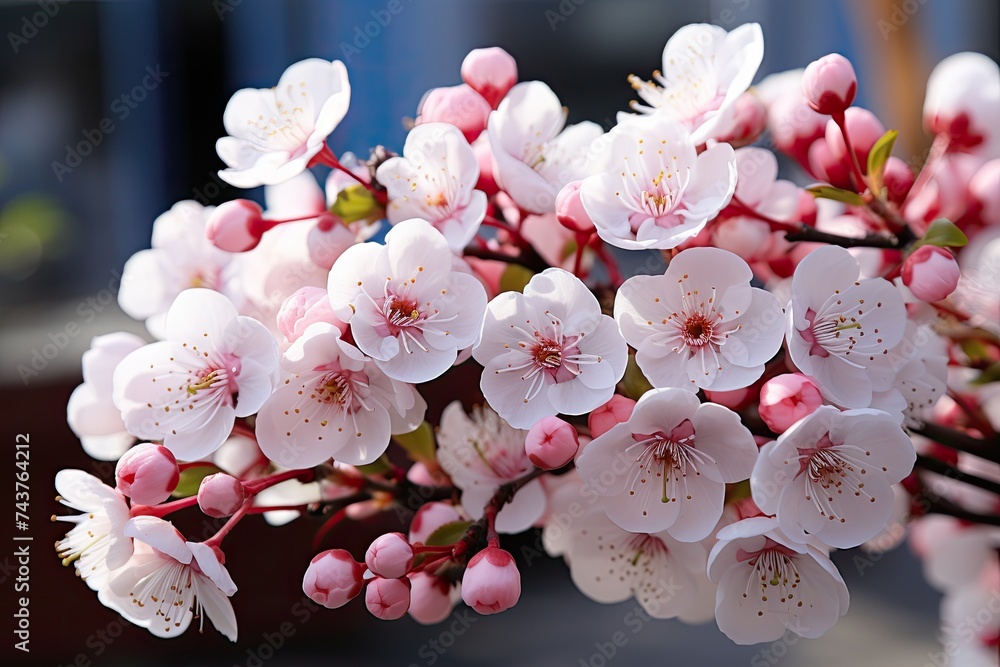 Aufkleber a cluster of delicate white and pink flowers gracefully bloom on a tree branch, creating a mesmerizi