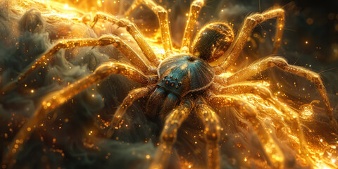 Fototapeta premium A spider riding a wave of quantum energy surfing through the cosmos with a trail of stars