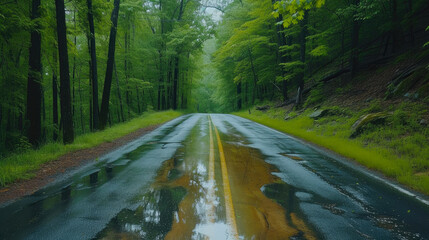 Fototapeta premium Serene Rainy Day Drive: Embrace Nature's Refreshing Palette