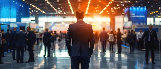 Back view businessman in nice suit standing at event. Businessman standing in exhibition hall alone.
