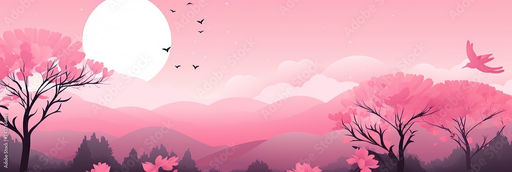 Poster a vibrant pink landscape with elegant trees reaching towards the sky as birds gracefully soar overhe