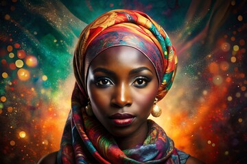 Portrait of beautiful african american woman in headscarf, women history, women's day - obrazy, fototapety, plakaty