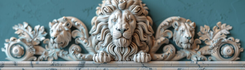 Lions standing as statues at the gates of a mythical city representing the pillars of justice and courage