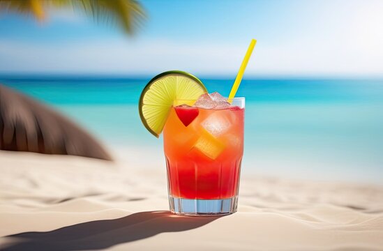Mocktail on light beach background. The ice drink in the beach.