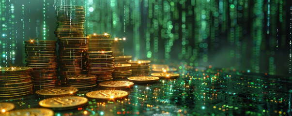 Stacks of coins surrounded by a digital firewall a concept of secure investments