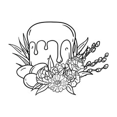 Coloring page of Easter cake, pussy willow and eggs in the grass and flowers. Black and white illustration for postcard