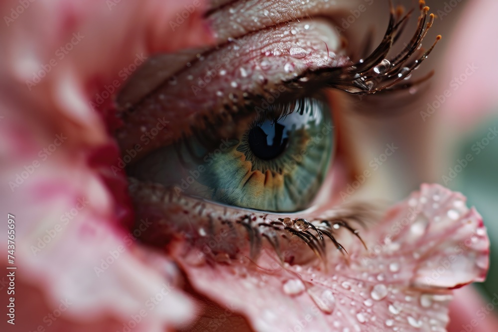 Aufkleber persons eye, with distinct water droplets resting delicately on the colorful iris, creating a captiv