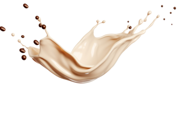 Milk Brown coffee liquid swirl splash and little bubbles with falling coffee Beans isolated on transparent png background, liquid fluid element flowing in form of wave.