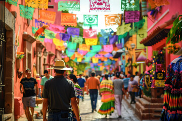A vibrant street scene filled with people celebrating Cinco de Mayo, featuring colorful decorations and traditional clothing