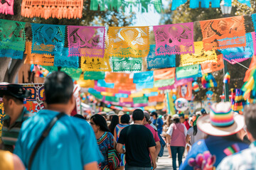 Fototapeta na wymiar A vibrant street scene filled with people celebrating Cinco de Mayo, featuring colorful decorations and traditional clothing