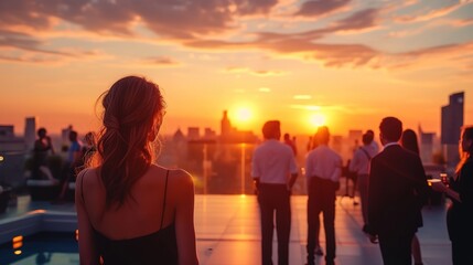 Rooftop business event against urban sunset view. Corporate gathering with city skyline view.