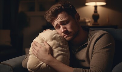Obraz premium A man holding a pillow. Sleepless night.