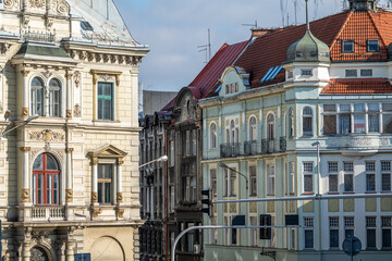Beautiful, richly decorated tenement houses in the Neo-Renaissance style in the center of Bielsko-Biala. The capital of the Beskid Mountains. Poland © p  a  t  r  i  c  k