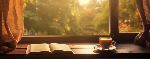 A picture of coffee on the desk under the window, a book spread out and curtains blowing in the wind.