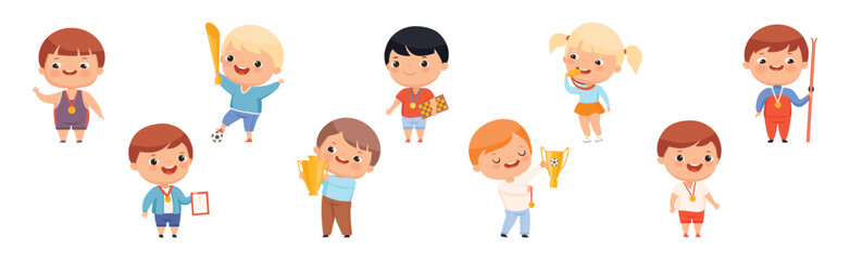 Cute Kids Winner Celebrate Victory Have Award Vector Set