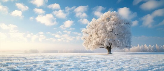 On a sunny winter day, a lone tree stands tall in the middle of a vast snowy field, creating a stark contrast against the icy landscape. The trees branches are bare, covered in a light dusting of snow - Powered by Adobe