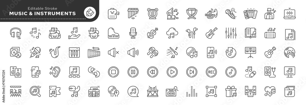Aufkleber set of line icons in linear style. set - music, musical instruments and audio. outline icon collecti