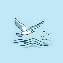 A logo illustration of a seagull soaring over the serene ocean.