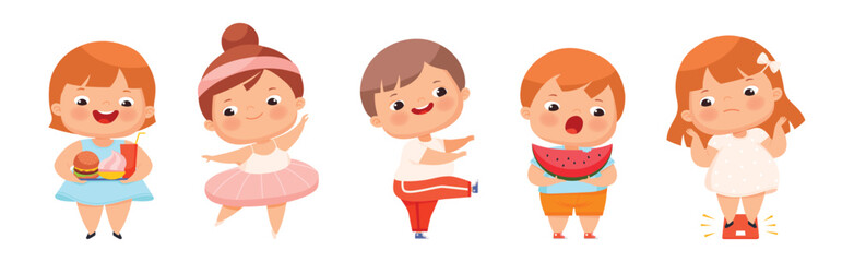Funny Overweight Little Boy and Girl with Chubby Body Vector Set