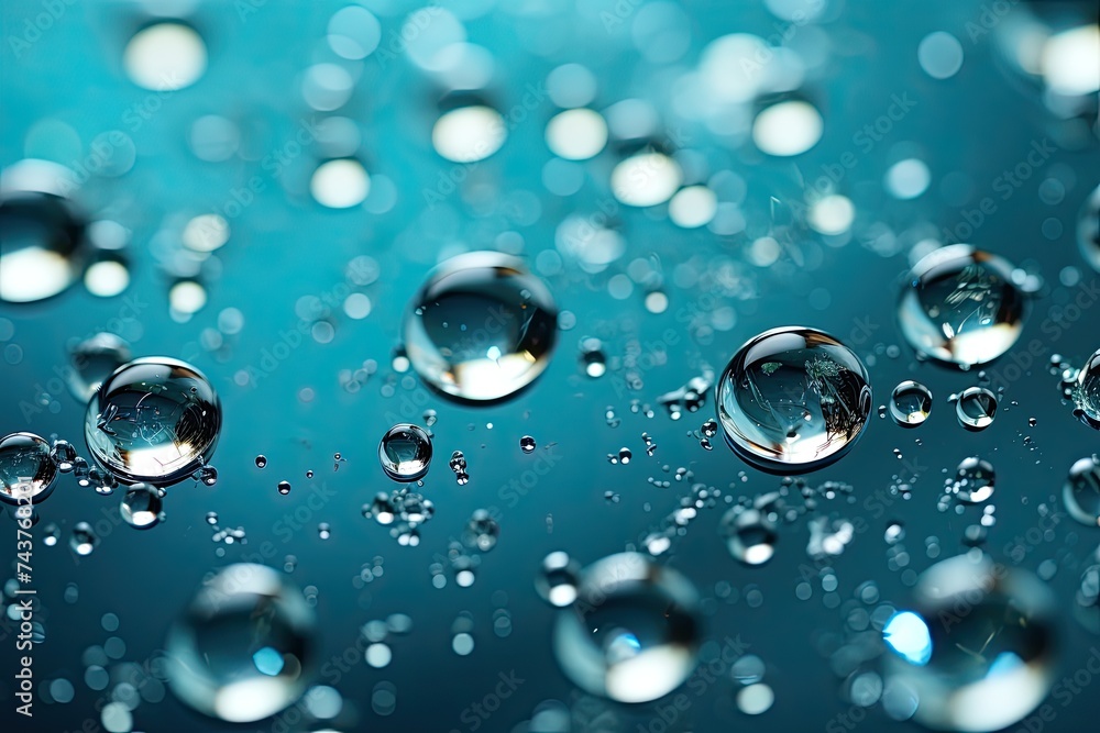 Poster glistening drops of water delicately rest on a vibrant blue surface, creating a mesmerizing display 