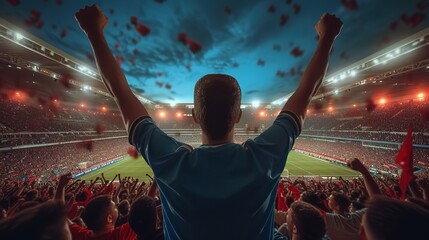 Excited soccer fan cheering at night stadium. Victory celebration among enthusiastic fan.