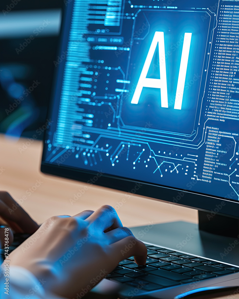 Poster ands of the person with the computer . the word ai on the screen