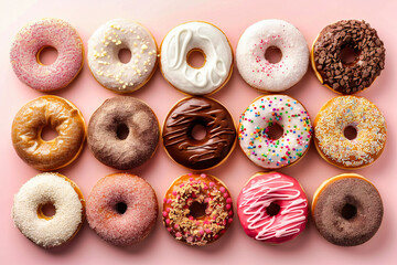 Assortment of colorful donuts on a festive background, showcasing the delicious variety and joy of sugary treats