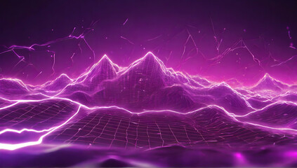 Synthwave wireframe net illustration with a purple and white color scheme and a lightning sound wave background.