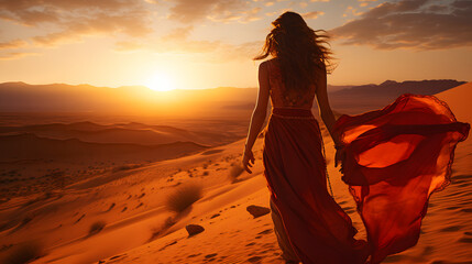 a young woman is walking through the desert at sunset