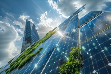 Innovative Solar Panel Technology - Green building integrated with solar panels and living wall, harnessing renewable energy