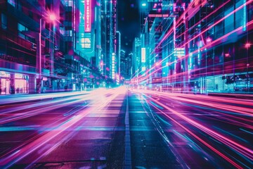 Futuristic cityscape with neon lights and motion-blurred traffic at night.