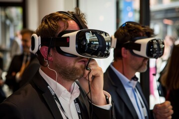 Business professionals experiencing virtual reality with VR headsets at a tech event.