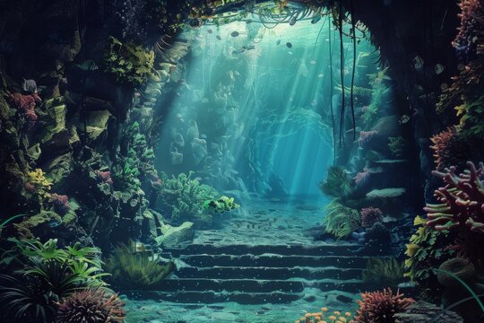 Enchanted underwater archway with steps leading to a mystical light, surrounded by marine flora.